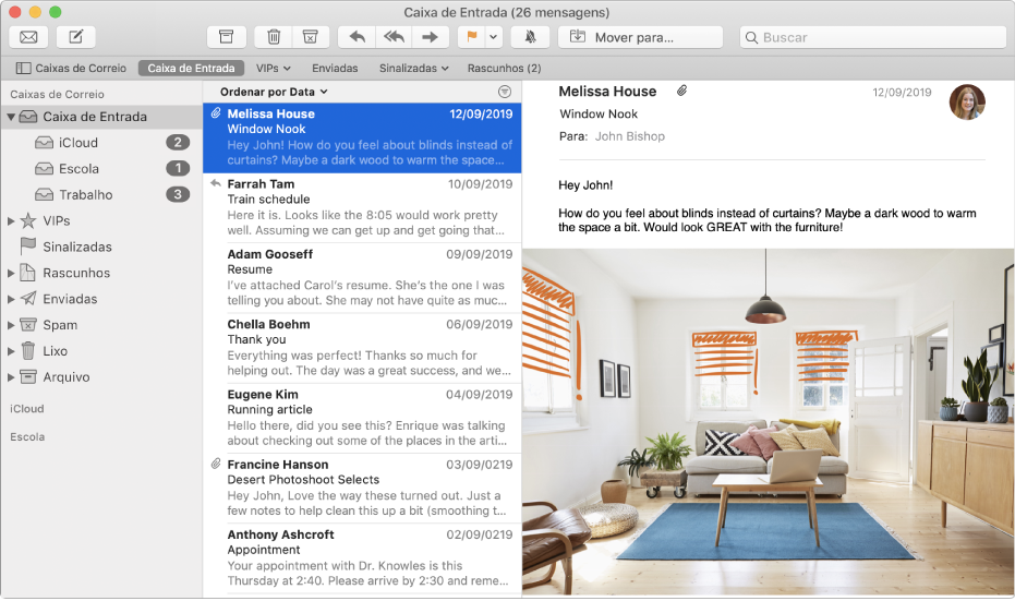 Barra lateral na janela do Mail mostrando caixas de entrada para contas do iCloud, educacionais e corporativas.