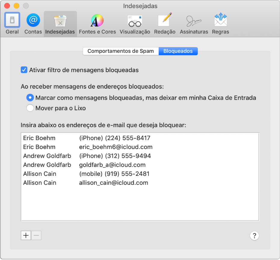 O painel da preferência Bloqueados mostrando uma lista de remetentes bloqueados. A opção para ativar a filtragem de e-mails bloqueados está selecionada, assim como a opção para marcar e-mails como bloqueados mas deixá-los na Caixa de Entrada após seu recebimento.