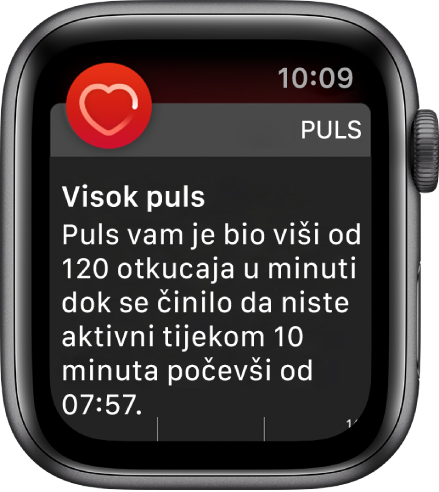 Zaslon Visokog pulsa s obavijesti da se vaš puls podignuo iznad 120 otkucaja u minuti kad niste bili aktivni 10 minuta.