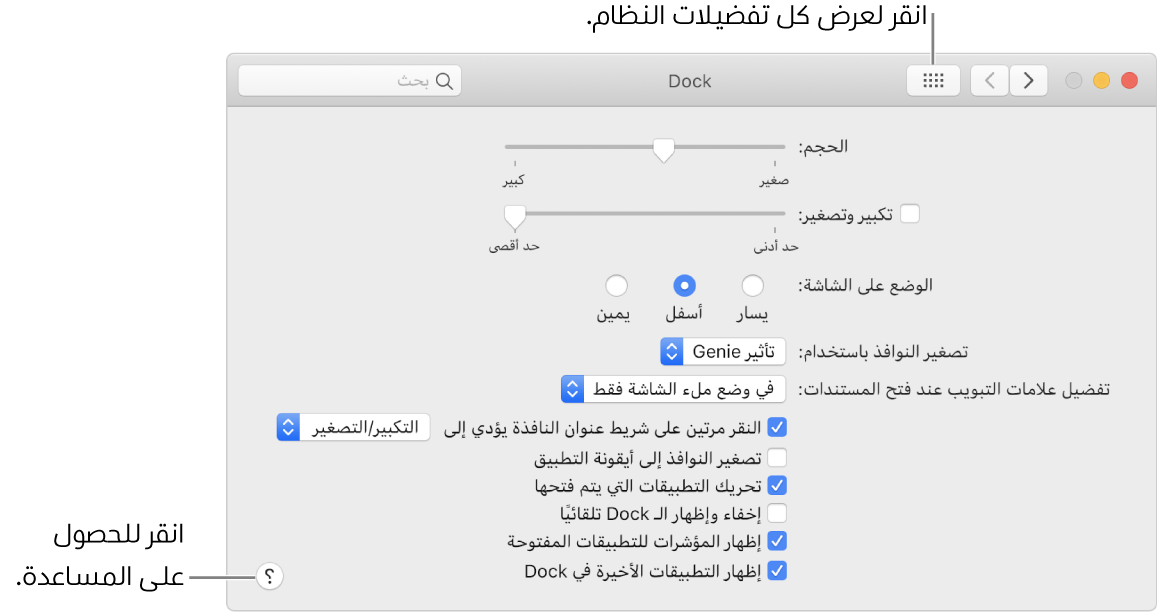 انقر على إظهار الكل لمشاهدة كل أيقونات التفضيلات. انقر على الزر مساعدة للحصول على المزيد من المعلومات حول الجزء.