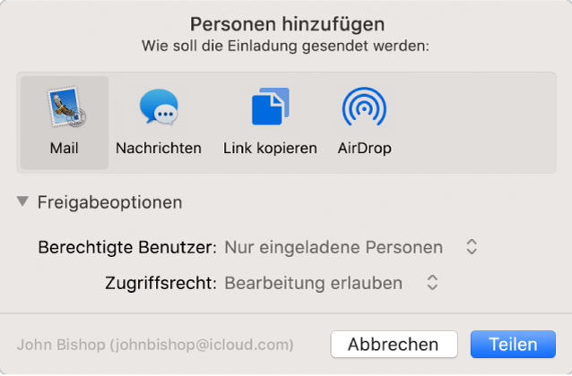 Das Fenster „Personen hinzufügen“ mit Apps, die du für Einladungen verwenden kannst, und die Optionen zum Teilen von Dokumenten.