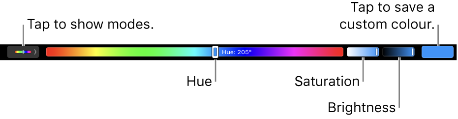 The Touch Bar showing hue, saturation and brightness sliders for the HSB mode. At the left end is the button to show all modes; at the right, the button to save a custom colour.