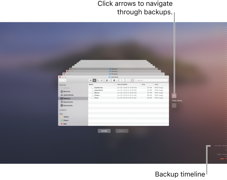 When you open Time Machine, you see a blurred screen with multiple Finder screens stacked to represent backups. Click the arrows to navigate through your backups (or click in the backup timeline on the right), and choose which files to restore.