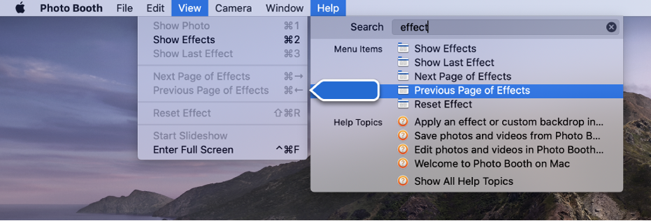 The Photo Booth Help menu with a search result for a menu item selected and an arrow pointing to the item in the app menus.