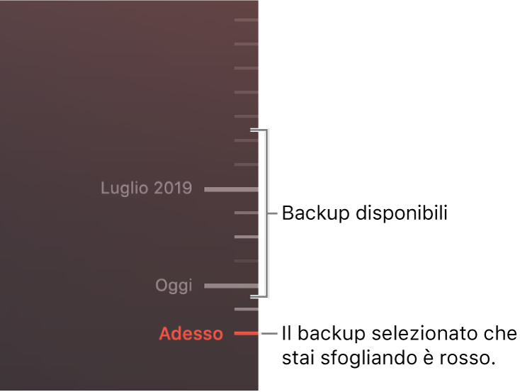 Linee che indicano i backup nella timeline. Il segno di spunta rosso indica il backup che stai sfogliando.