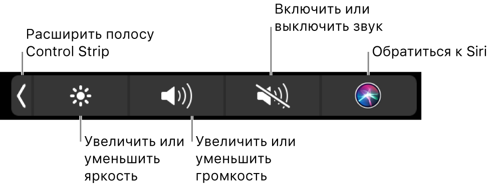 На свернутой полосе управления Control Strip есть следующие кнопки (слева направо): раскрытие Control Strip, увеличение и уменьшение яркости и громкости, включение и отключение звука, обращение к Siri.