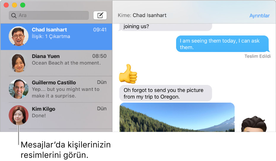 Kişilerin adlarının yanında resimlerini gösteren Mesajlar uygulamasının kenar çubuğu.