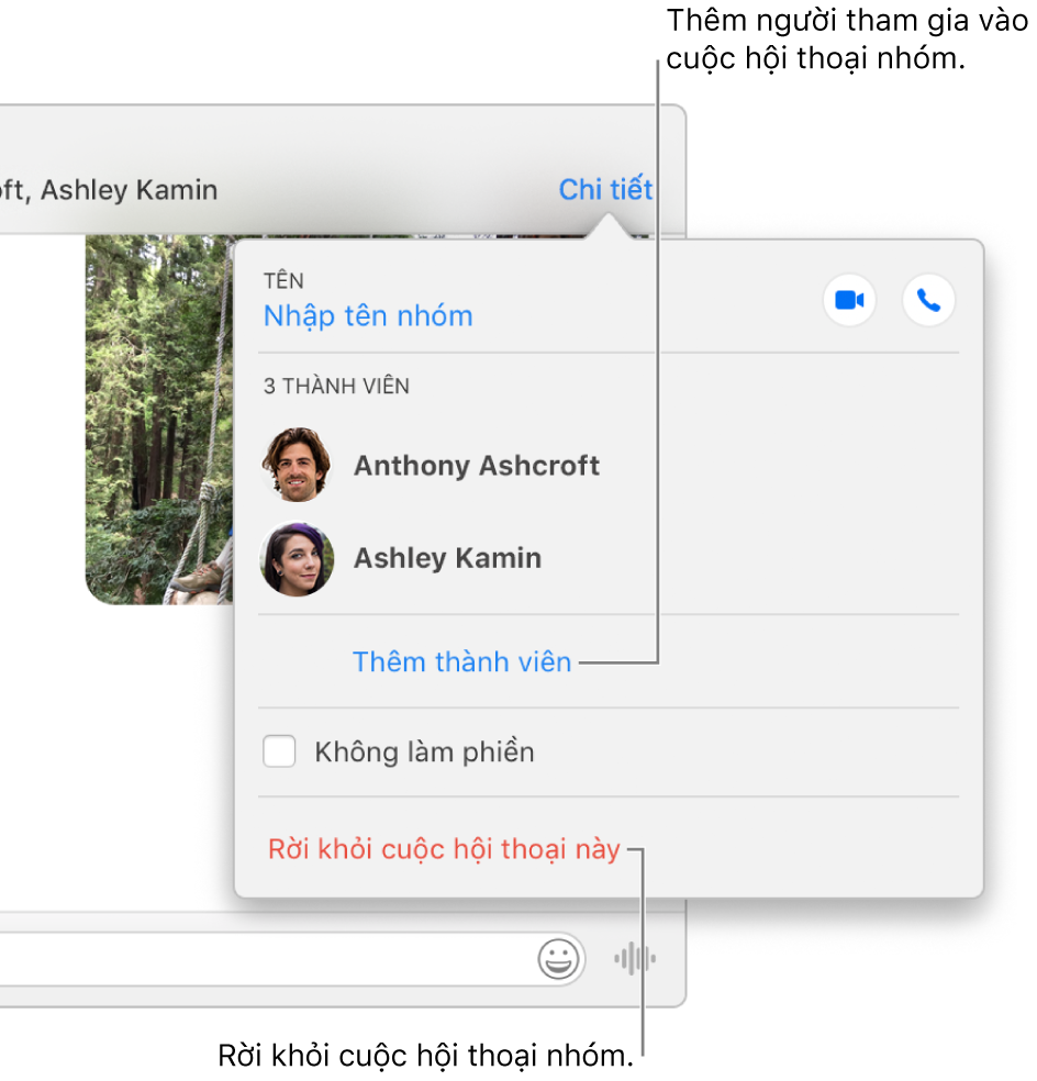 Chế độ xem chi tiết, xuất hiện sau khi bạn bấm vào Chi tiết trong cuộc hội thoại nhóm. Thêm thành viên xuất hiện bên dưới tên của người tham gia cuối cùng trong danh sách và Rời khỏi cuộc hội thoại này ở cuối hộp thoại.