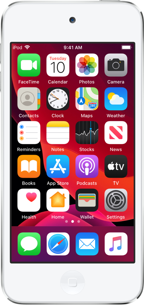 The iPod touch Home screen with Dark Mode turned on.
