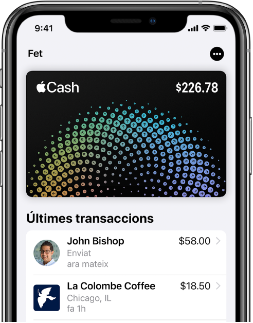 Targeta Apple Cash a l’app Wallet. Hi ha el botó Més a l’angle superior dret i les últimes transaccions a sota de la targeta.