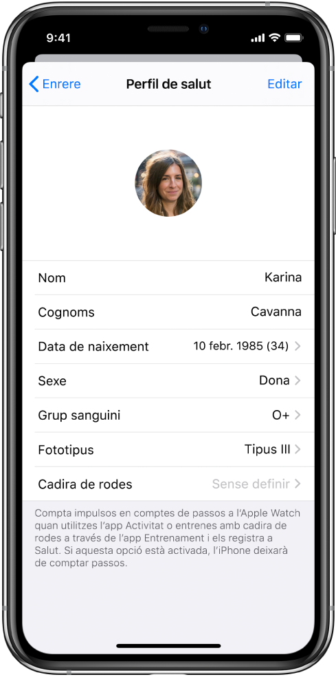 Pantalla “Perfil de salut” d’una dona de 34 anys amb grup sanguini O .