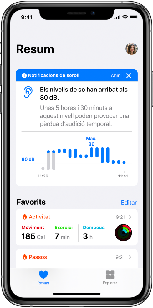 Pantalla Resum que mostra una notificació de soroll a la part superior, amb resums de dues opcions favorites: Activitat i Passos.