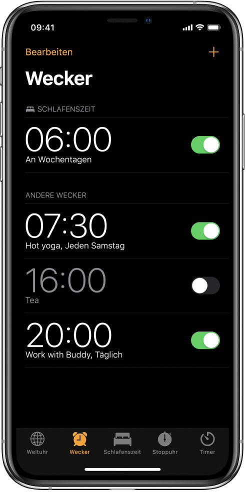 Der Tab „Wecker“ mit vier verschiedenen Weckzeiten.