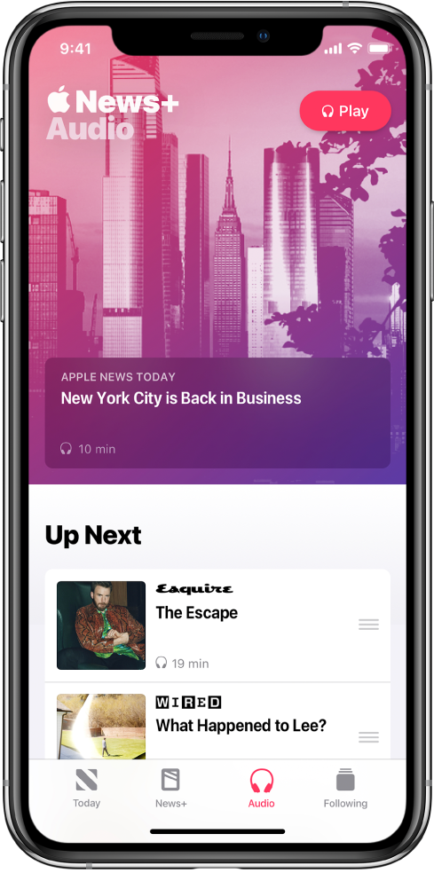The Audio screen showing an Apple News Today briefing at the top. A Play button appears at the top right of the briefing. Below the story is an Up Next section, which contains two stories. Four tabs are at the bottom of the screen—Today, News , Audio, and Following.