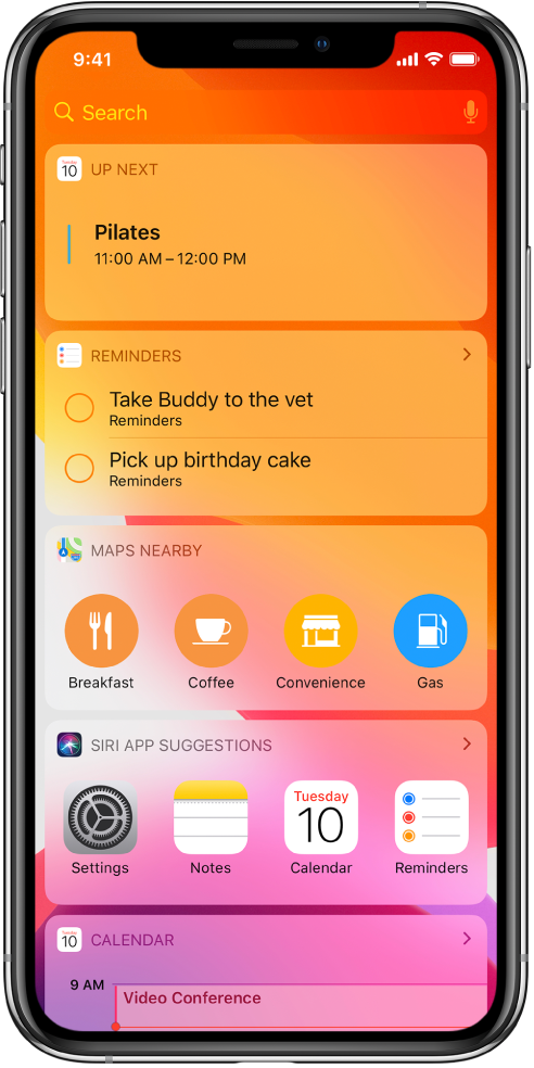 Today View showing widgets for Up Next, Reminders, Maps Nearby, Siri App Suggestions, and Calendar.