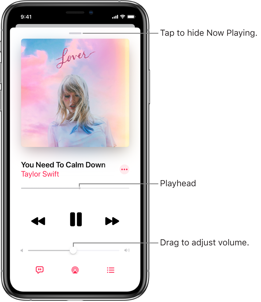 The Now Playing screen showing the album art. Below are the song title, artist name, More button, playhead, play controls, Volume slider, Lyrics button, Playback Destination button, and Playing Next button. The Hide Now Playing button is at the top.