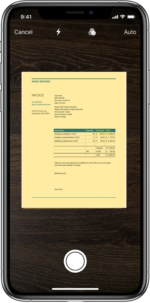 A screen showing a document being scanned. The Take Picture button is at the bottom center.