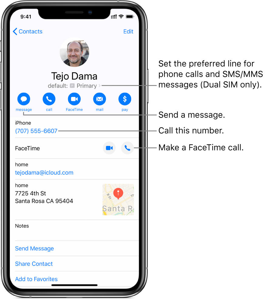 The info screen for a contact. At the top is the contact’s photo and name. Below are buttons for sending a message, making a phone call, making a FaceTime call, sending an email message, and sending money with Apple Pay. Below the buttons is the contact information.