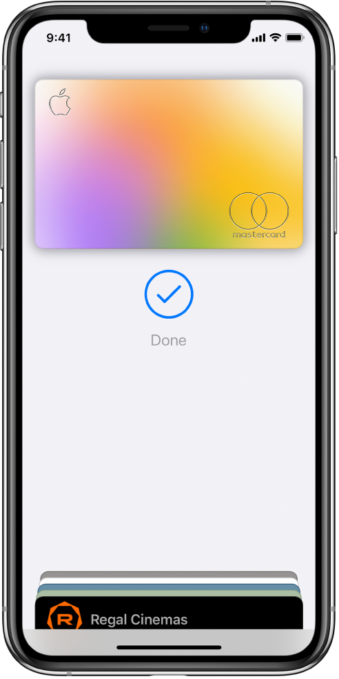 A credit card on the Wallet screen. Below the card is a checkmark and the word “Done.”