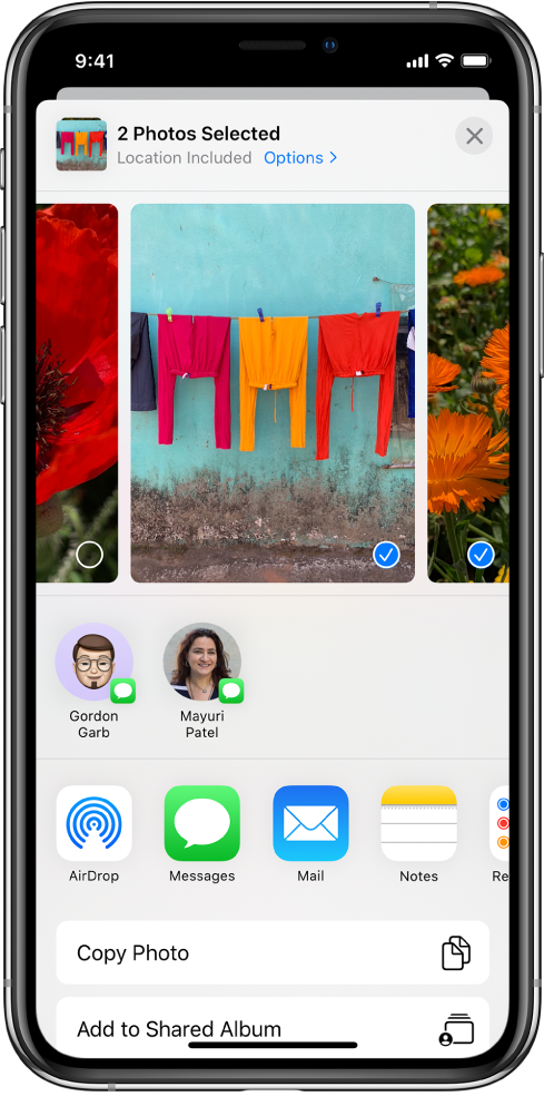 The Sharing screen with photos across the top; two photos are selected, indicated with a white checkmark in a blue circle. The row beneath the photos shows friends you can share with using AirDrop. Below that are other sharing options, including, from left to right, Messages, Mail, Shared Albums, and Add to Notes. In the bottom row are the Copy, Copy iCloud Link, Slideshow, AirPlay, and Add to Album buttons.