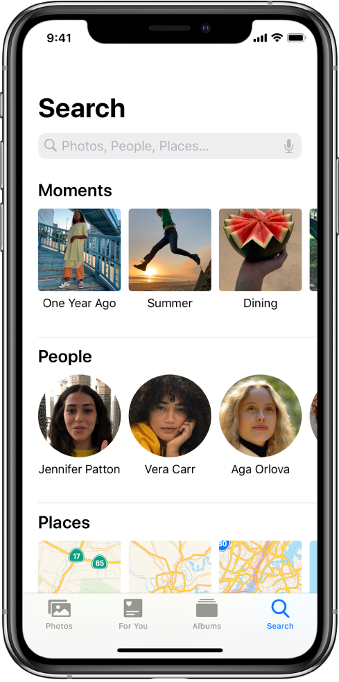 The Search tab populated with suggestions for Moments, People, and Places. The search field is located at the top.