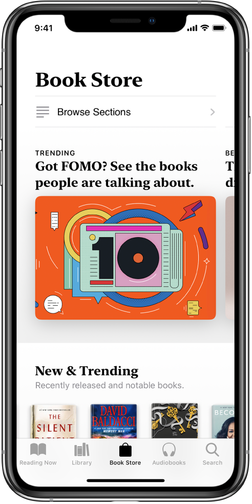 In the Books app, a screen in the Book Store. At the bottom of the screen are, from left to right, the Reading Now, Library, Book Store, AudioBooks, and Search tabs--the Book Store tab is selected. The screen also shows books and categories of books to browse and purchase.
