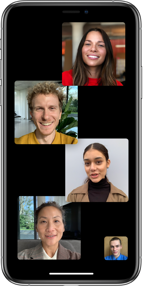 A group FaceTime call with five participants, including the originator. Each participant appears in a separate tile.