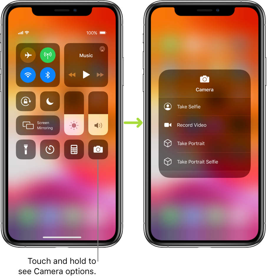 Two Control Center screens side-by-side—the one on the left shows controls for airplane mode, cellular data, Wi-Fi, and Bluetooth in the top-left group, and has a callout that says to touch and hold the Camera icon at the bottom right to see the Camera options. The screen on the right shows additional options for Camera: Take Selfie, Record Video, Take Portrait, and Take Portrait Selfie.