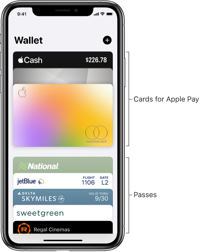 The Wallet screen, showing several credit and debit cards and passes.