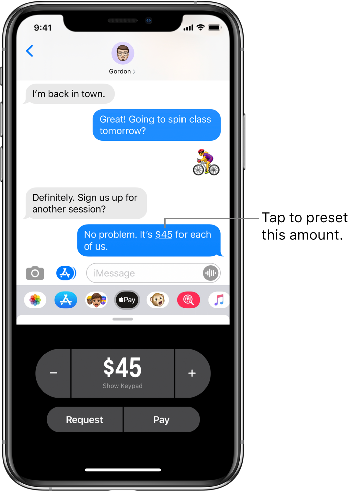 An iMessage conversation with the Apple Pay app open at the bottom.