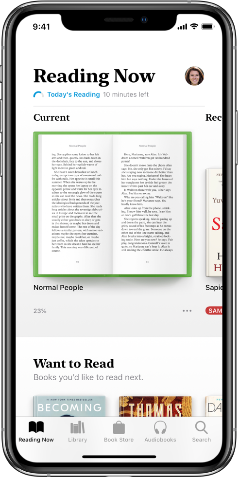 The Reading Now screen in the Books app. At the bottom of the screen are, from left to right, the Reading Now, Library, Book Store, Audiobooks and Search tabs.