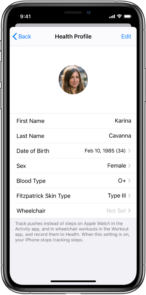 The Health Profile screen for a 34-year old female with O  blood type.