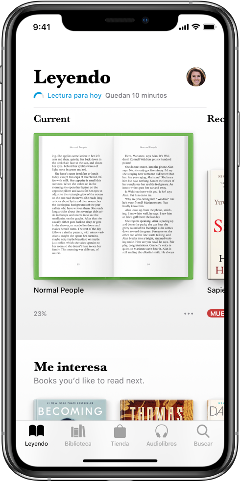 La pestaña Leyendo de la app Libros. En la parte inferior de la pantalla, de izquierda a derecha, se encuentran las pestañas Leyendo, Biblioteca, Tienda, Audiolibros y Buscar.