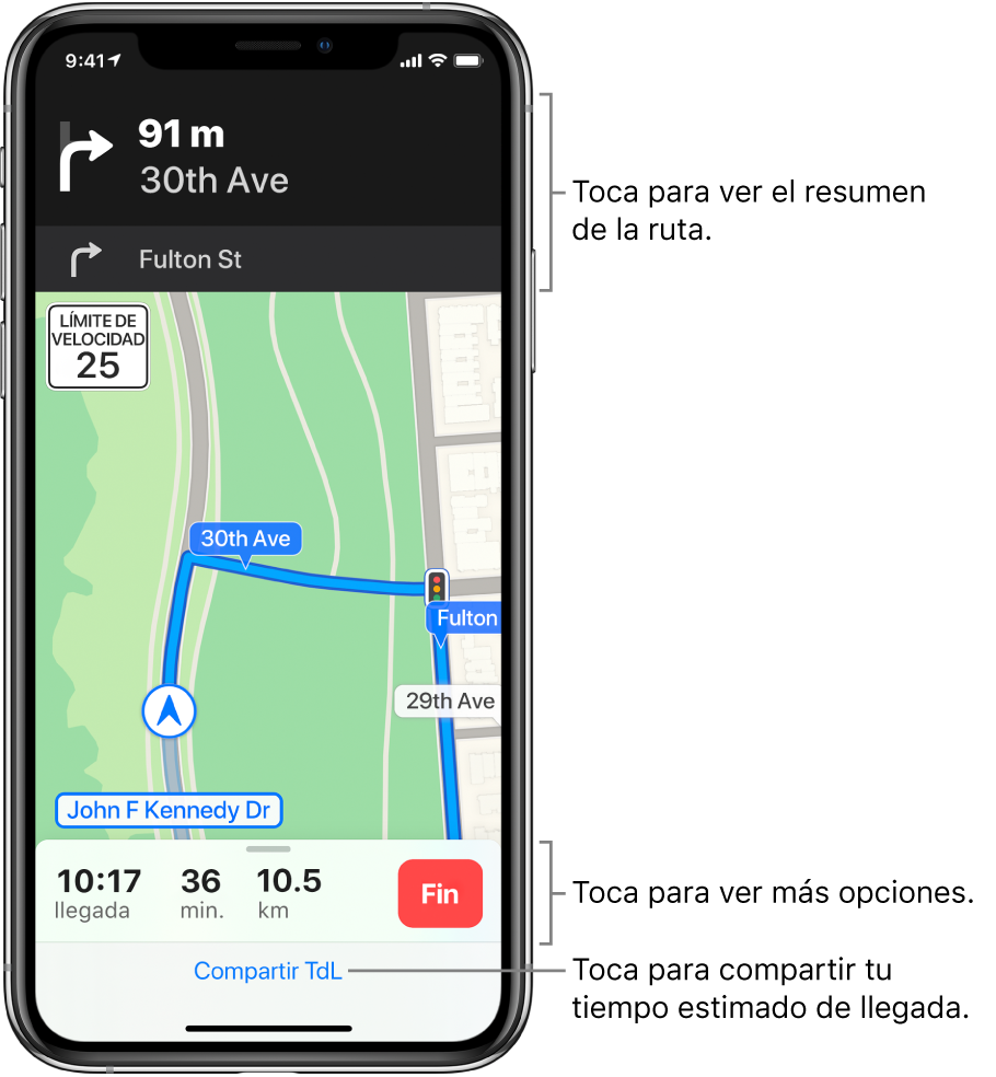 Un mapa mostrando una ruta en automóvil, con una indicación para dar vuelta a la derecha en 100 metros. Cerca de la parte inferior del mapa se muestran la hora estimada de llegada y la distancia total a la derecha del botón Finalizar. El botón "Compartir TdL" aparece en la parte inferior de la pantalla.