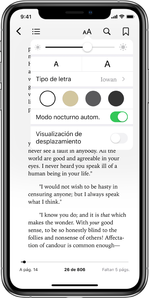 El menú Aspecto con controles (de arriba hacia abajo) para el brillo, el tamaño de la letra, el tipo de letra, el color de página, modo nocturno automático y el desplazamiento.