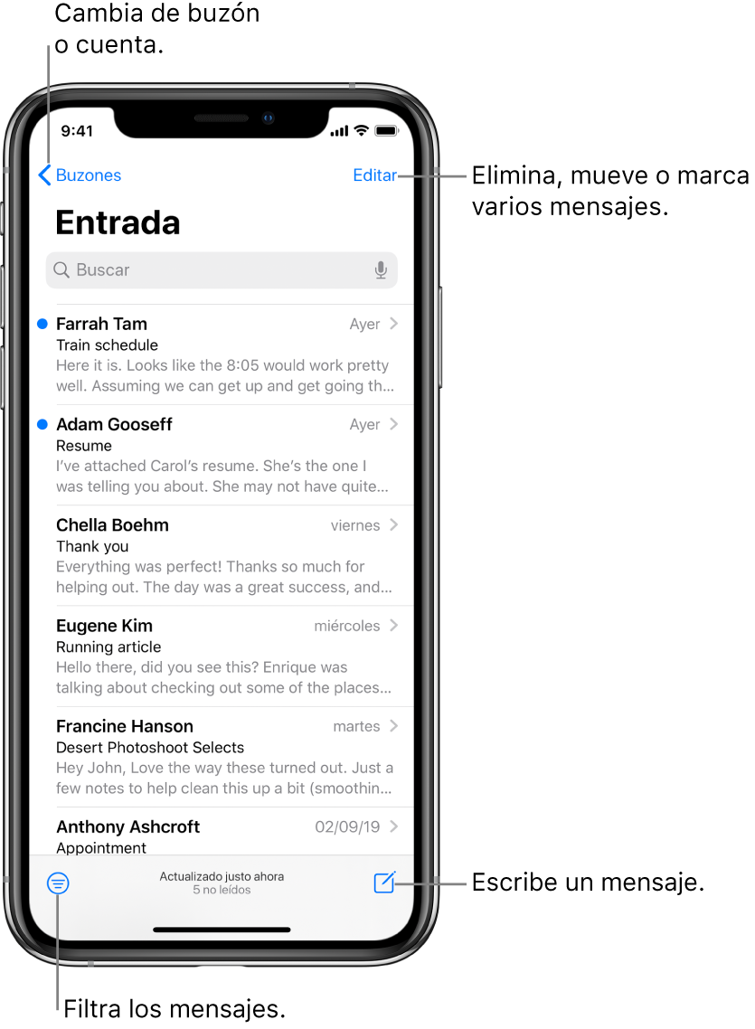 El buzón de entrada, mostrando una lista de correos. El botón Buzones, que permite cambiar a otro buzón, está en la esquina superior izquierda. El botón Editar para eliminar, mover o marcar correos se encuentra en la esquina superior derecha. El botón para filtrar correos (para que sólo se muestren ciertos tipos de correos) se encuentra en la esquina inferior izquierda. El botón para componer un correo nuevo se encuentra en la esquina inferior derecha.