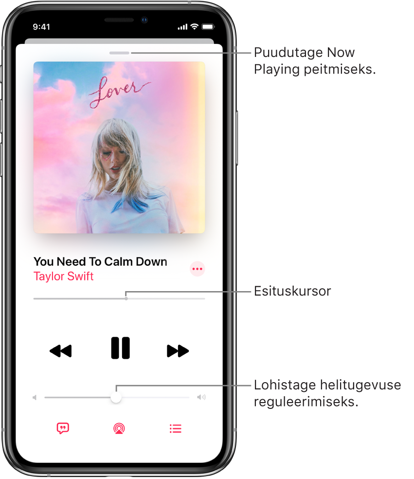 Kuva Now Playing koos albumi kaanega. Selle all on loo nimi, esitaja, nupp More, esituskursor, esituse juhtnupud, helitugevuse liugur, nupp Lyrics, nupp Playback Destination ja nupp Playing Next. Üleval asub nupp Hide Now Playing.