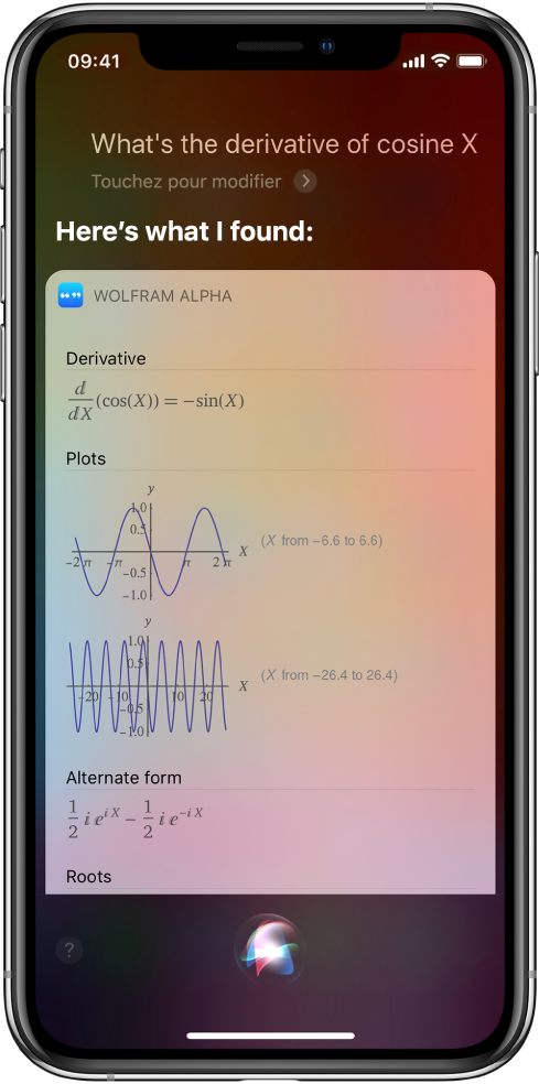 Une réponse à la question « Comment calcule-t-on une dérivée de cosinus ? » L’écran montre, de haut en bas, une équation, deux graphiques et des informations supplémentaires.
