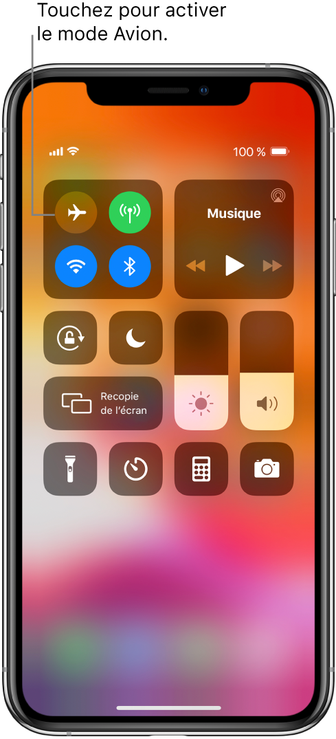 L’écran du Centre de contrôle et une légende expliquant l’activation du mode Avion à l’aide d’une pression sur le bouton en haut à gauche.