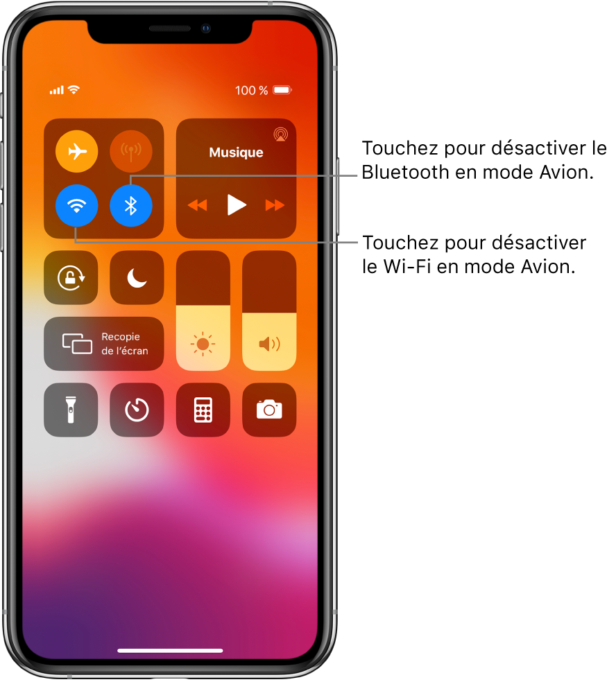 Le Centre de contrôle avec le mode Avion activé et des légendes expliquant que toucher le bouton en bas à gauche dans le groupe de commandes situé en haut à gauche désactive le Wi-Fi, et que toucher le bouton en bas à droite au sein de ce groupe désactive le Bluetooth.