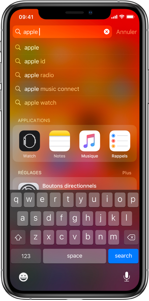 Un écran affichant une recherche sur l’iPhone. En haut de l’écran se trouve le champ de recherche avec le mot « apple ». Des résultats de recherche trouvés pour le texte cible apparaissent en dessous.