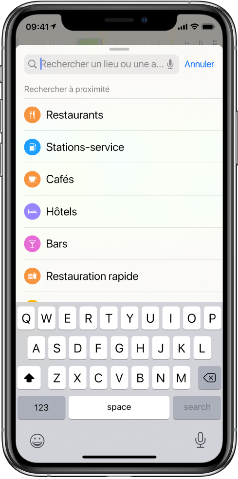 Une liste présentant six services s’affiche en dessous du champ de recherche. Ces services sont les suivants : Restaurants, Stations-service, Cafés, Hôtels, Bars et Restauration rapide.