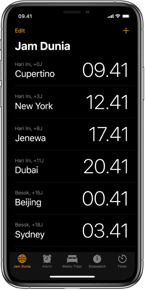 Tab Jam Dunia, menampilkan waktu di berbagai kota. Ketuk Edit di kiri atas untuk mengatur jam. Ketuk tombol Tambah di kanan atas untuk menambahkan lainnya. Tombol Alarm, Waktu Tidur, Stopwatch, dan Timer terletak di bagian bawah.