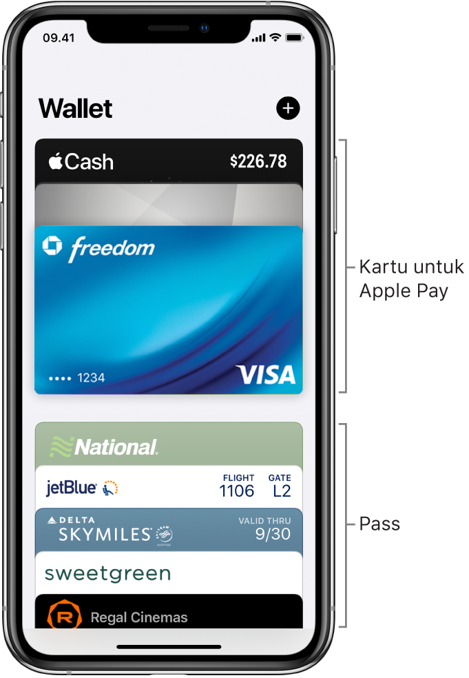 Layar Wallet, menampilkan bagian atas beberapa kartu kredit dan debit, serta pass.