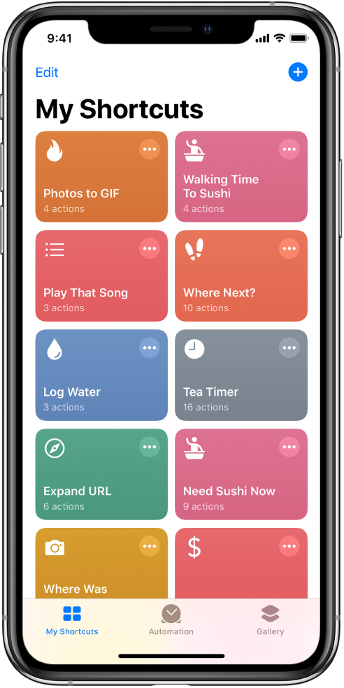 Skirtukas „My Shortcuts“. Nuorodų, skirtų atlikti įprastas kasdienes užduotis, pvz., nustatyti arbatos laikmatį ir rasti sušių restoraną, sąrašas. Apačioje pateikiami skirtukai „Automation“ ir „Gallery“.