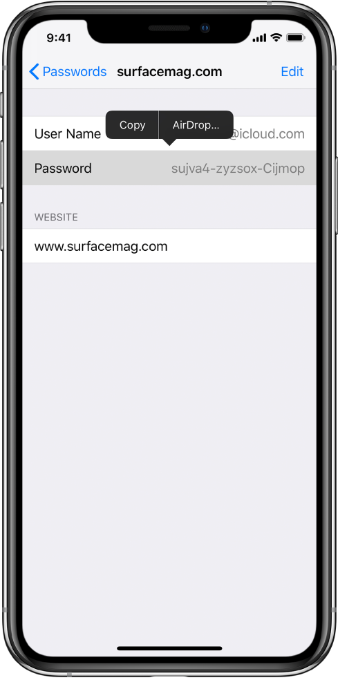 Tinklalapio paskyros ekranas. Pasirinkta slaptažodžio dalis ir virš jos pasirodo meniu, kuriame yra „Copy“ ir „AirDrop“ elementai.