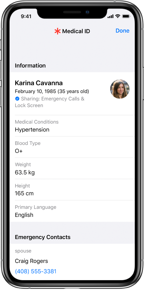 „Medical ID“ ekranas, kuriame yra informacija apie gimimo datą, sveikatos būklę, vartojamus vaistus ir kontaktinį asmenį nelaimės atveju.