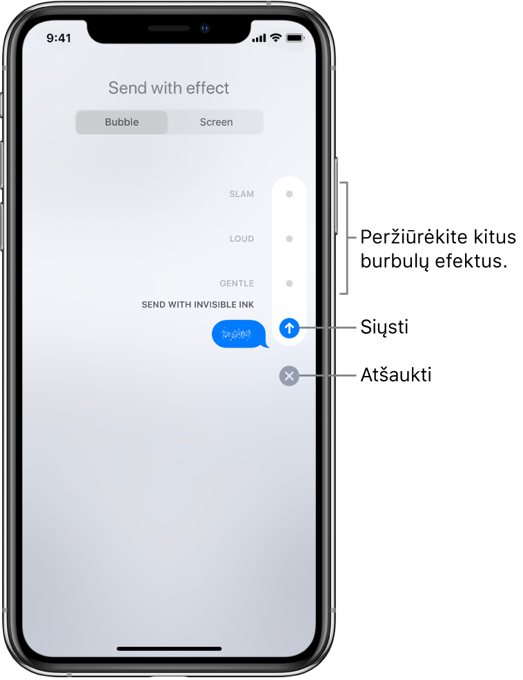 Žinutės, kuriai naudojamas nematomas rašalas, peržiūra. Norėdami peržiūrėti kitus burbulo efektus, palieskite valdiklį dešinėje pusėje. Norėdami siųsti, palieskite tą patį valdiklį dar kartą arba paspauskite žemiau esantį „Cancel“ mygtuką, jei norite grįžti į pranešimą.