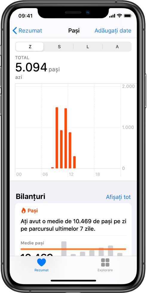 Ecranul Rezumat din aplicația Sănătate prezentând bilanțuri pentru pașii făcuți în ziua respectivă. Bilanțul detaliază: “Faceți mai mulți pași decât obișnuiți, până acum.” O diagramă de sub bilanț afișează 4.028 făcuți în ziua respectivă, comparativ cu 2.640 de pași făcuți în ziua anterioară până la aceeași oră. Sub diagramă se află informațiile despre minutele de conștientizare. Butonul Rezumat se află în stânga jos și butonul Explorați se află în dreapta jos.