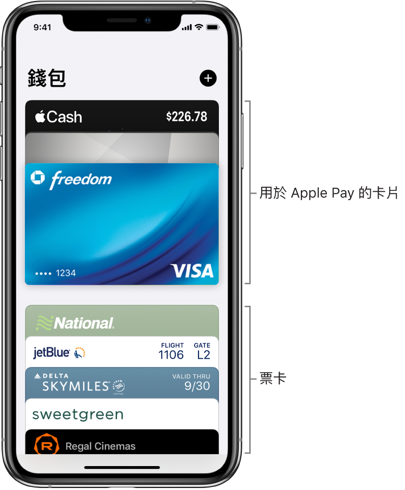 「錢包」畫面，顯示多張信用卡和金融卡以及票卡的上半部。